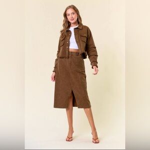 NWT Iris Brown Twill Midi Skirt Set|Cropped Jacket+Front Slit Skirt|100% Cotton